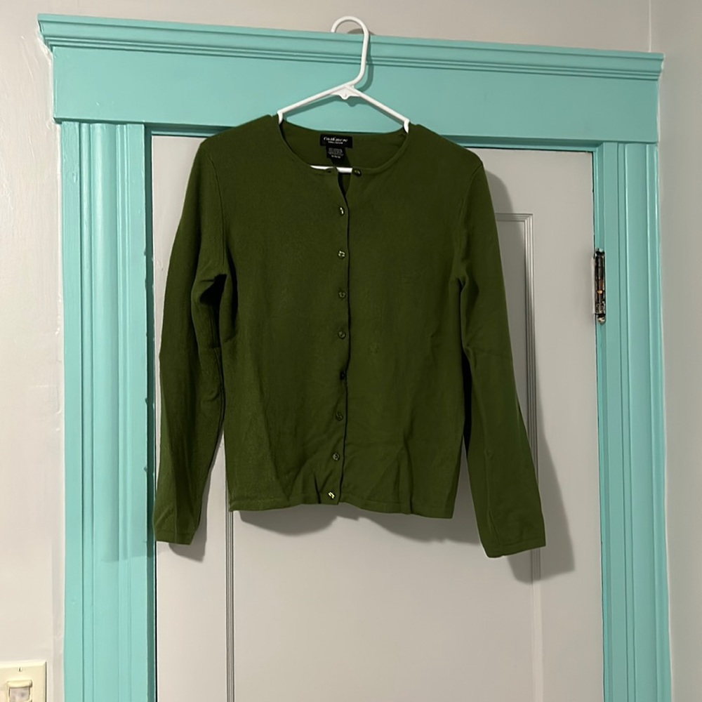Green Lord & Taylor cashmere cardigan.